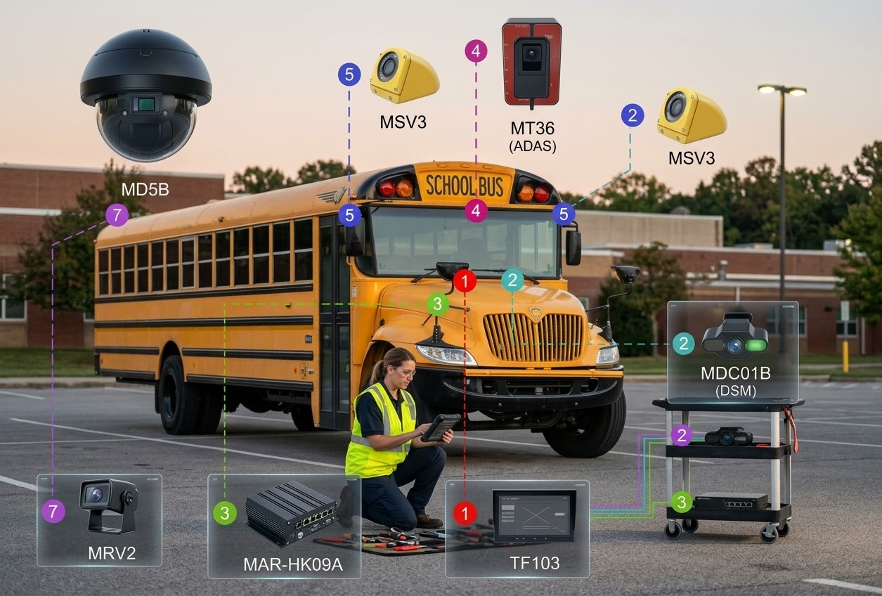 Técnica configurando las cámaras ADAS y DSM instaladas en un bus escolar