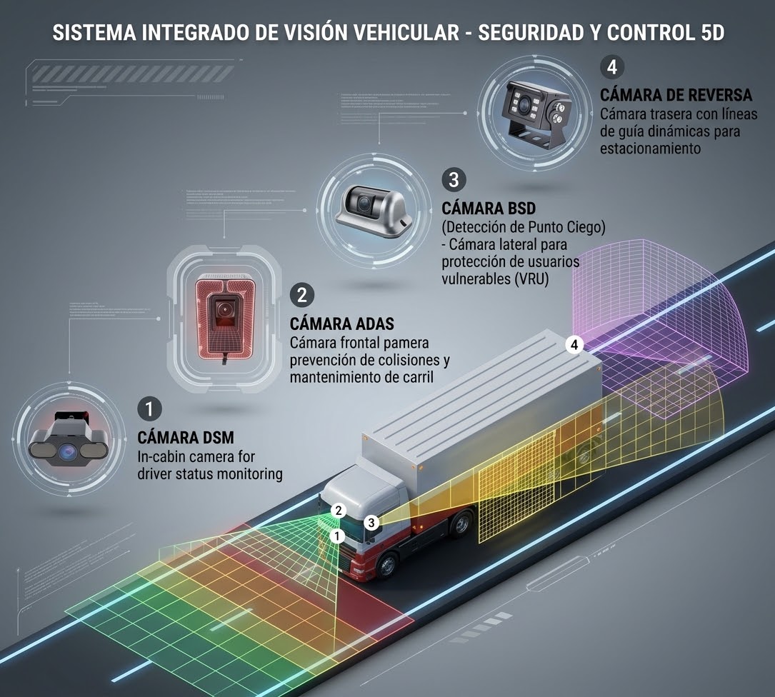 Sistema de visión vehicular con cámaras DSM, ADAS, de punto ciego y de reversa en un camión