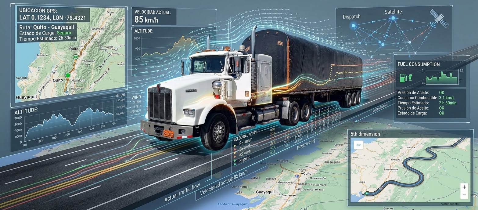 Tráiler en la ruta Quito–Guayaquil con su ubicación GPS, velocidad, consumo y estado de la carga