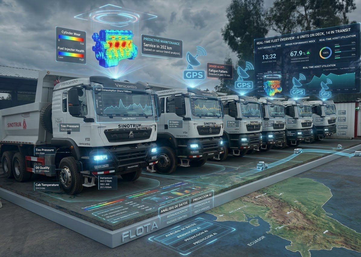Flota de volquetas con datos de rastreo GPS, consumo y mantenimiento sobre el mapa de Ecuador