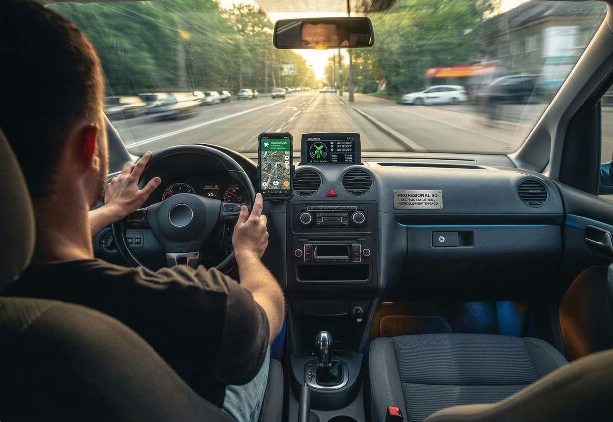 Conductor siguiendo su ubicación GPS en el celular montado en el tablero