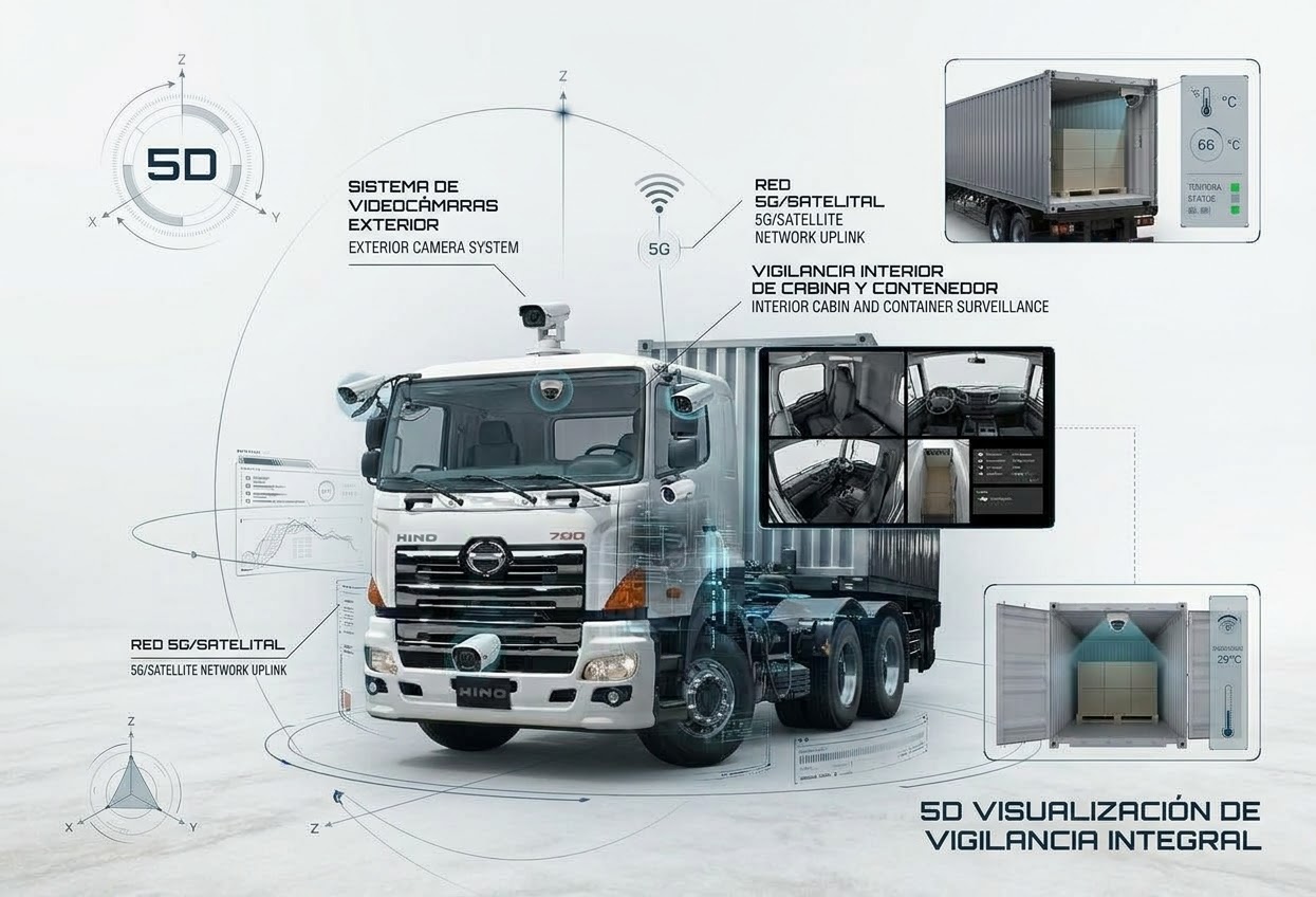 Camión con cámaras exteriores, vigilancia de la cabina y del contenedor, y conexión 5G y satelital